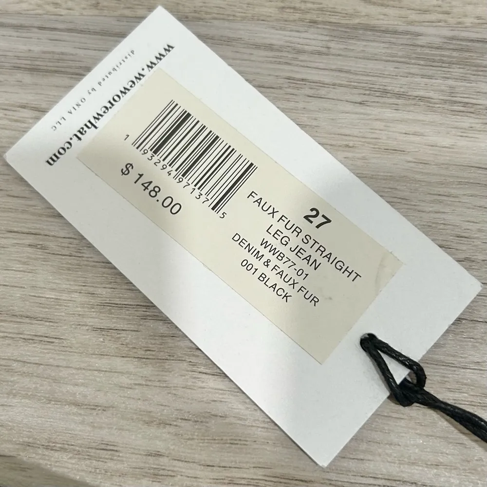 NWT We Wore What Black Denim Jeans Faux Fur Cuff Straight Leg High Rise Size 27 - Image 2