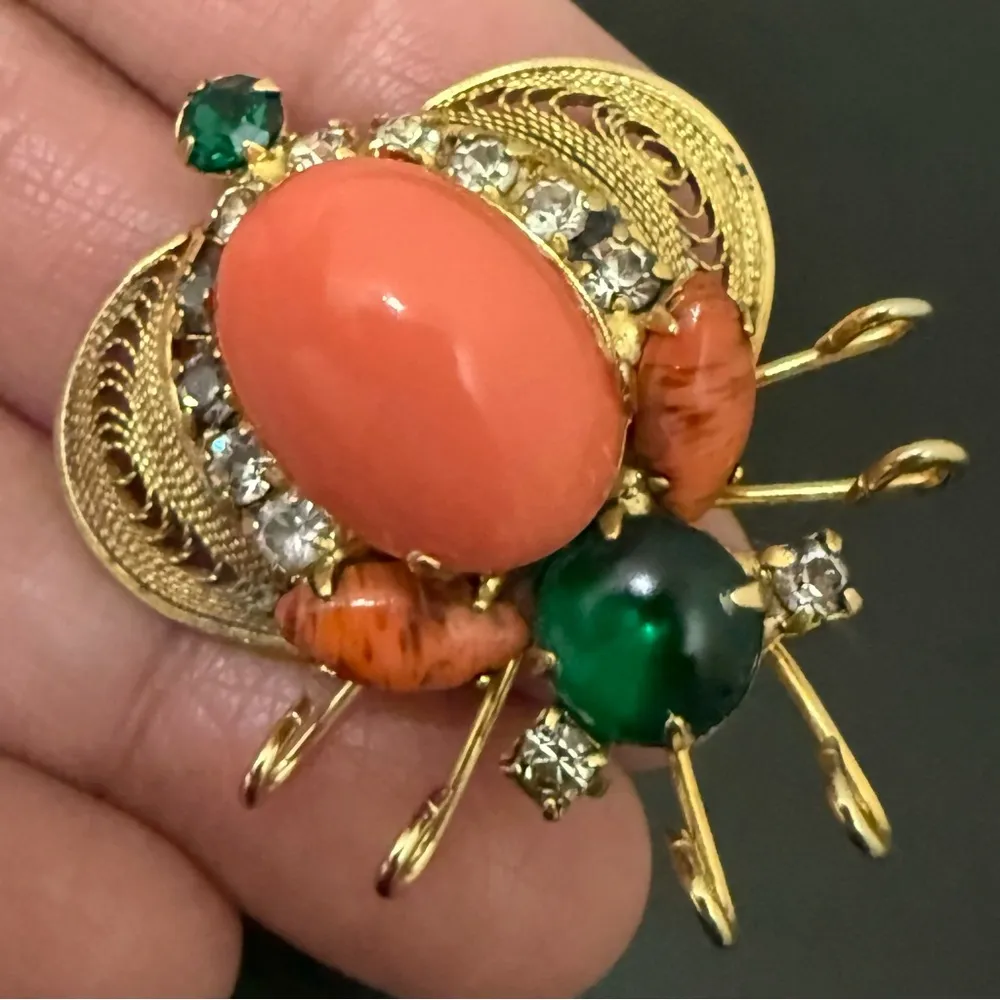 Rare Juliana Delizza & Elster Faux Coral Cabochon Rhinestones Beetle Bug Brooch Orange - Image 15
