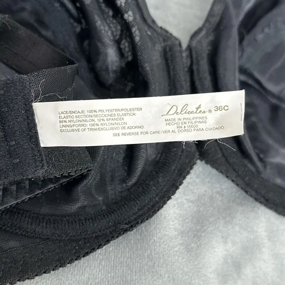 Vintage Delicates Bra 36C Black Lace Unlined Underwire Stretch Satin Sexy Retro - Image 9
