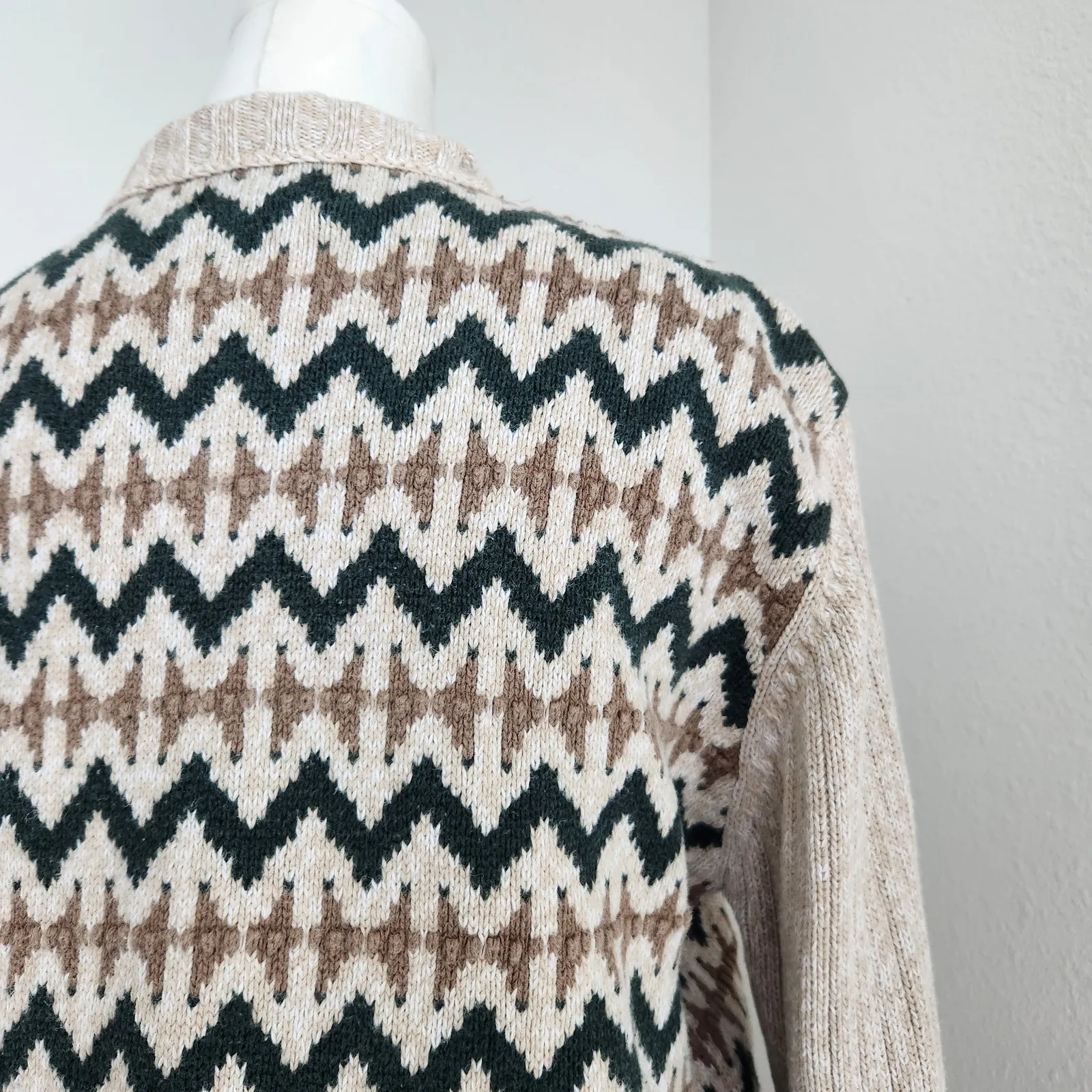 Vintage 90s Christopher & Banks Tan Green Southwestern Knit Quarter Zip Sweater Size L - Image 9