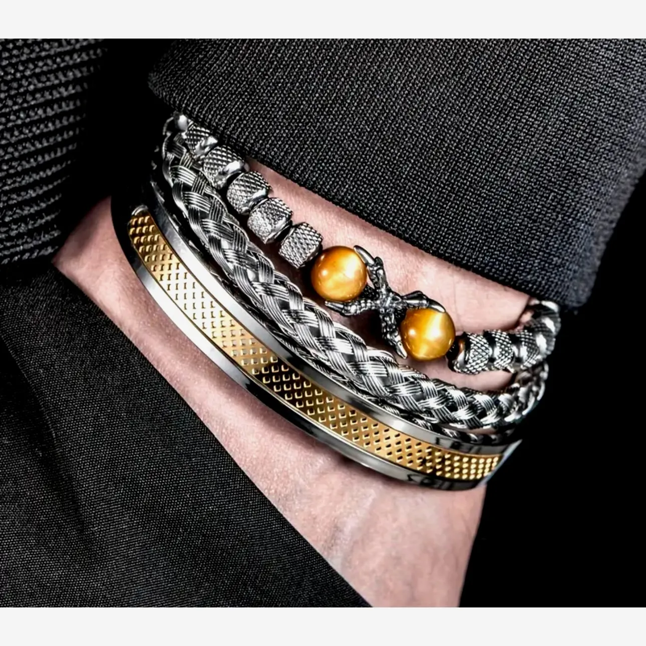 Unisex 3 pc SS Symmetrical Claw Bracelet Set Beaded Golden Gold - Image 3