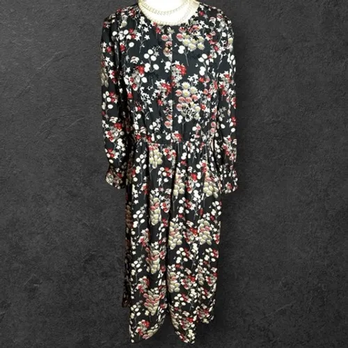 Downeast Womens Black Velvet Floral Long Sleeve Button Midi Dress sz S Cottage - Image 6