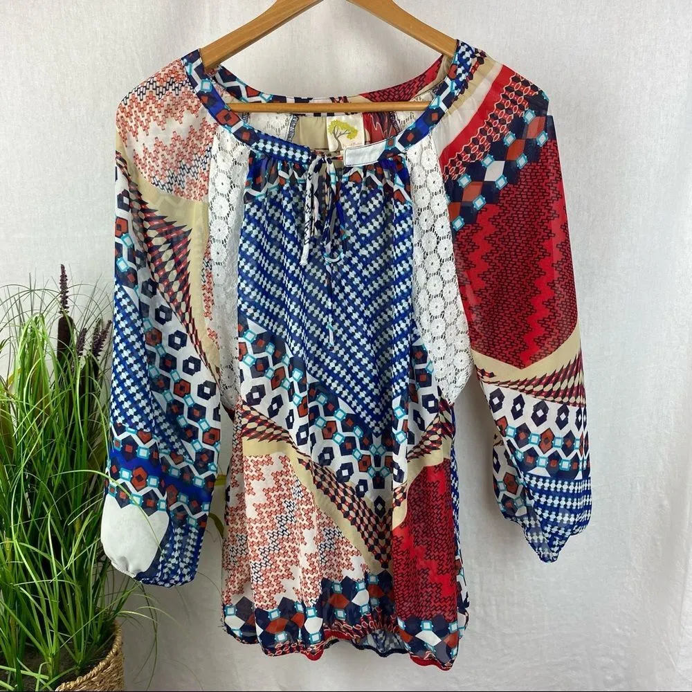 Anthropologie Multi Print Boho Peasant 3/4 Length Sleeve Top By Fig & Flower L - Image 5