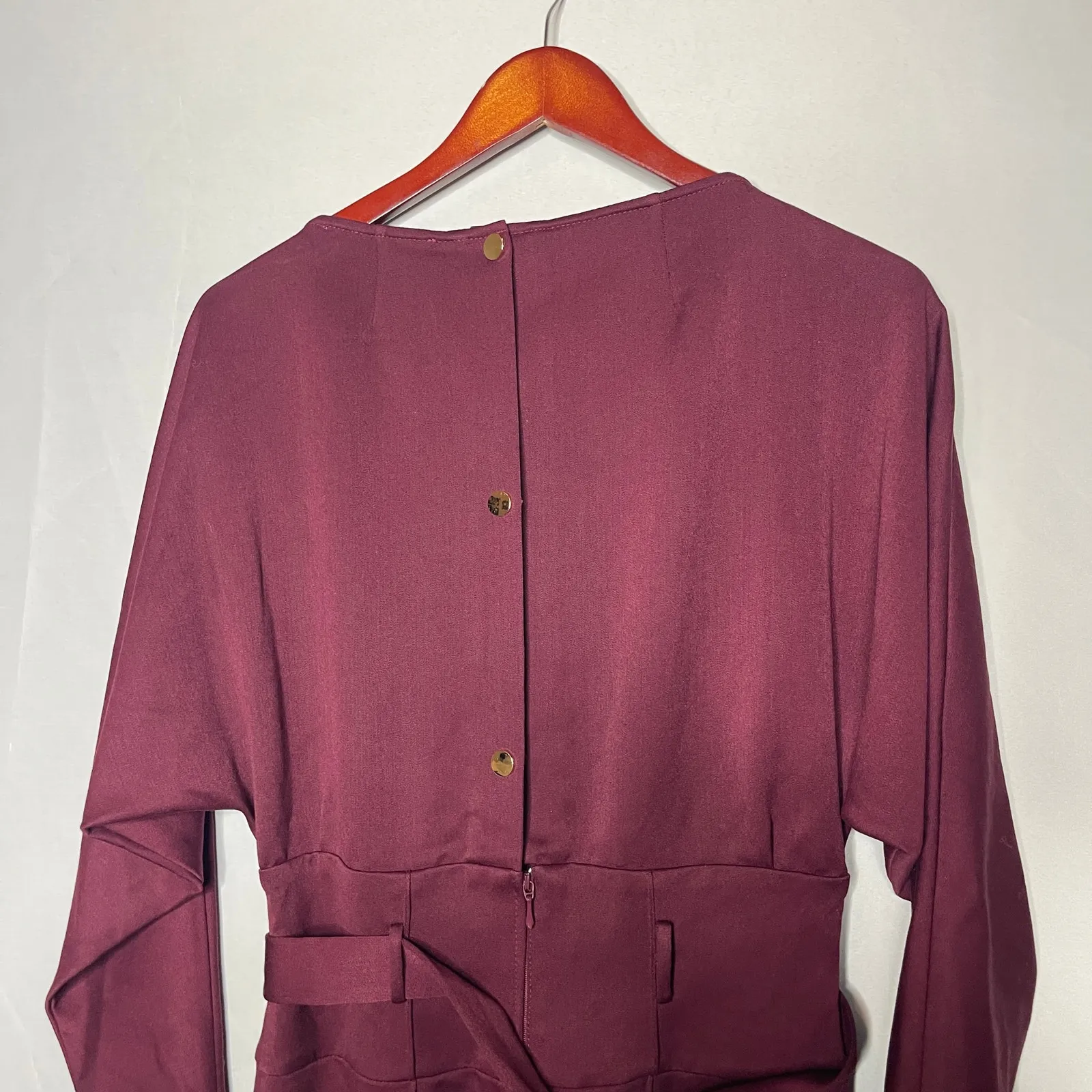 BGL Burgundy Office Solid Color Long Sleeve Squareneck Jumpsuit with Belt Sz S Red - Image 5