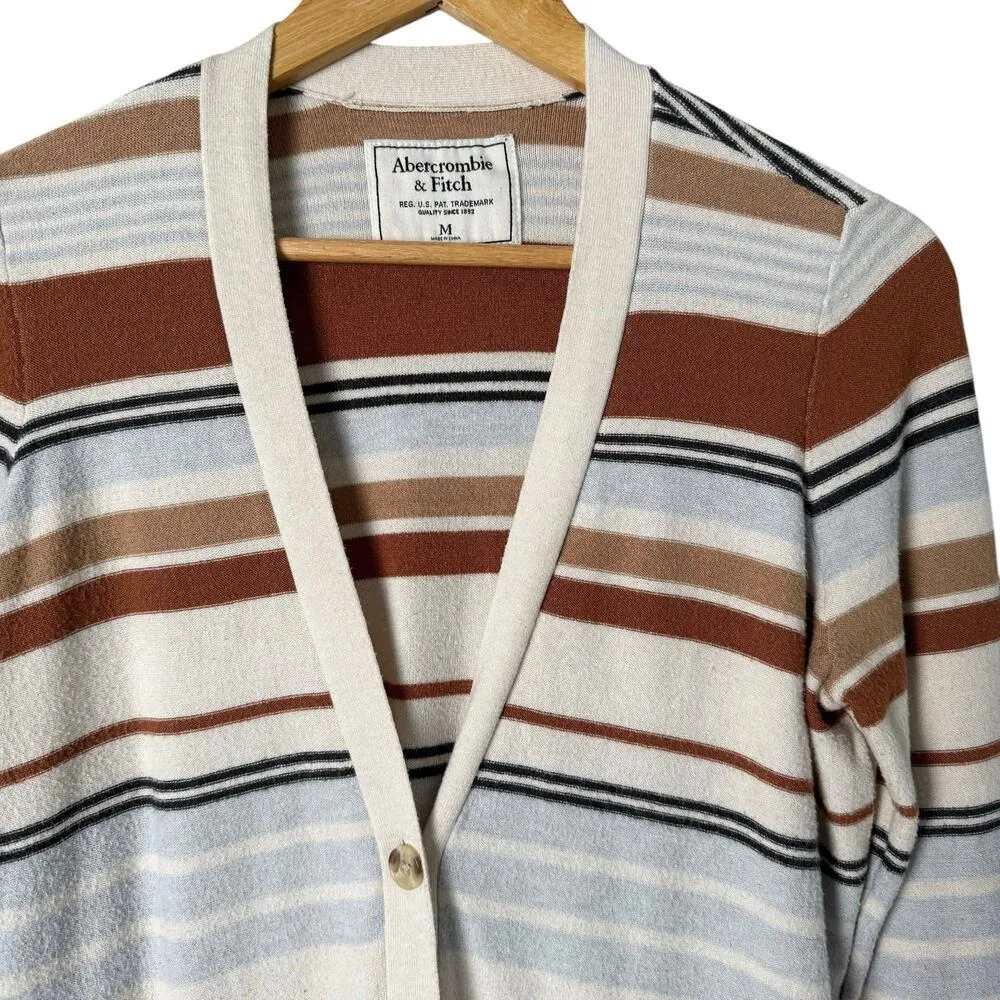 Abercrombie & Fitch Striped Cardigan Grandpacore Sweater Brown Cream‎ Blue, M - Image 2