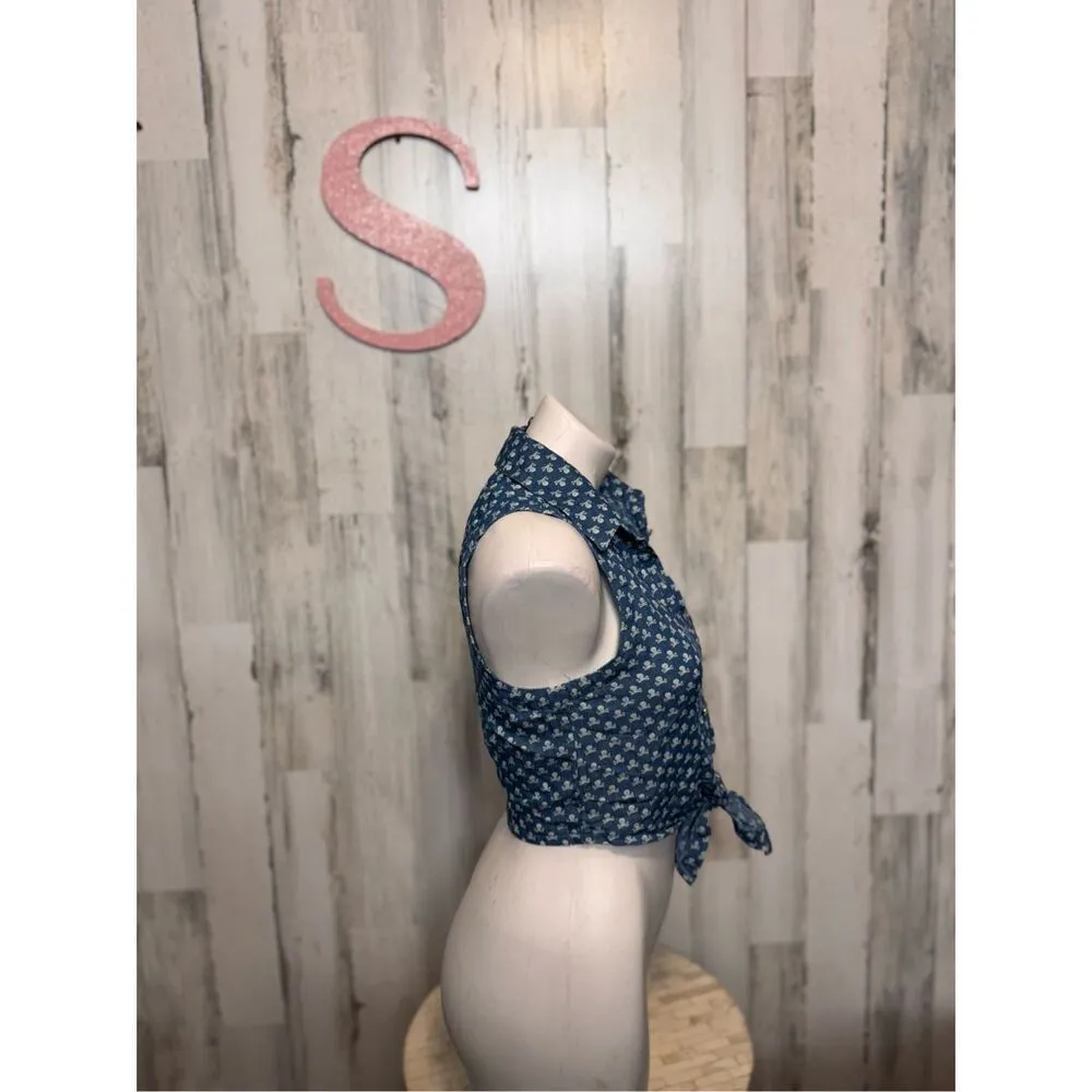 Poetry Skull Print Chambray Tie Front Crop Top Size SMALL - Image 6