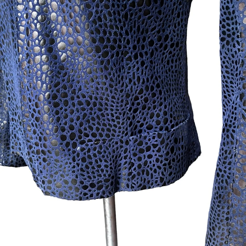 Vintage Marco Polo Leather and Suede Semi Fitted Zip Front Jacket Blue Size M - Image 9