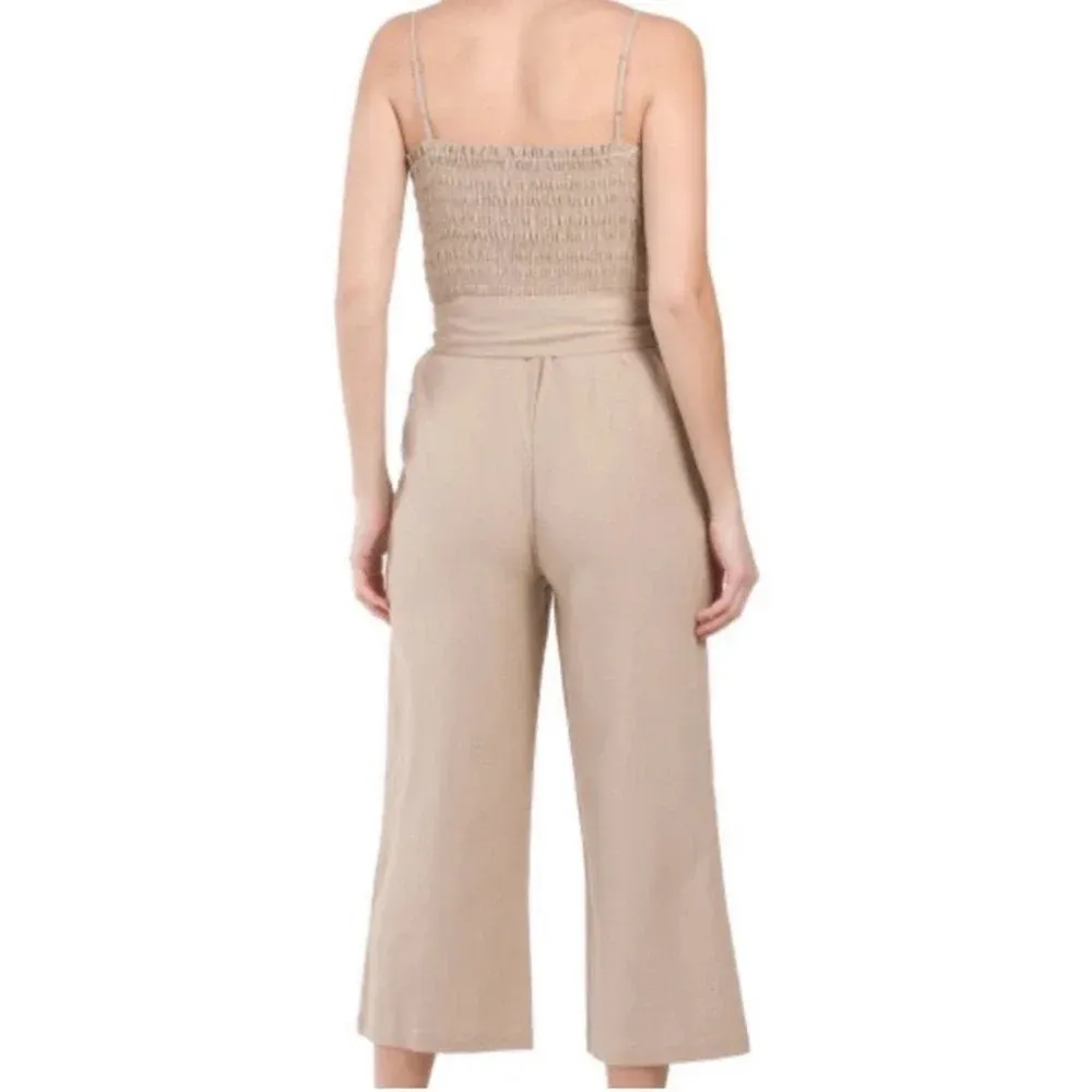 House of Harlow 1960 Linen Cropped Jumpsuit Size Medium Tan - Image 2