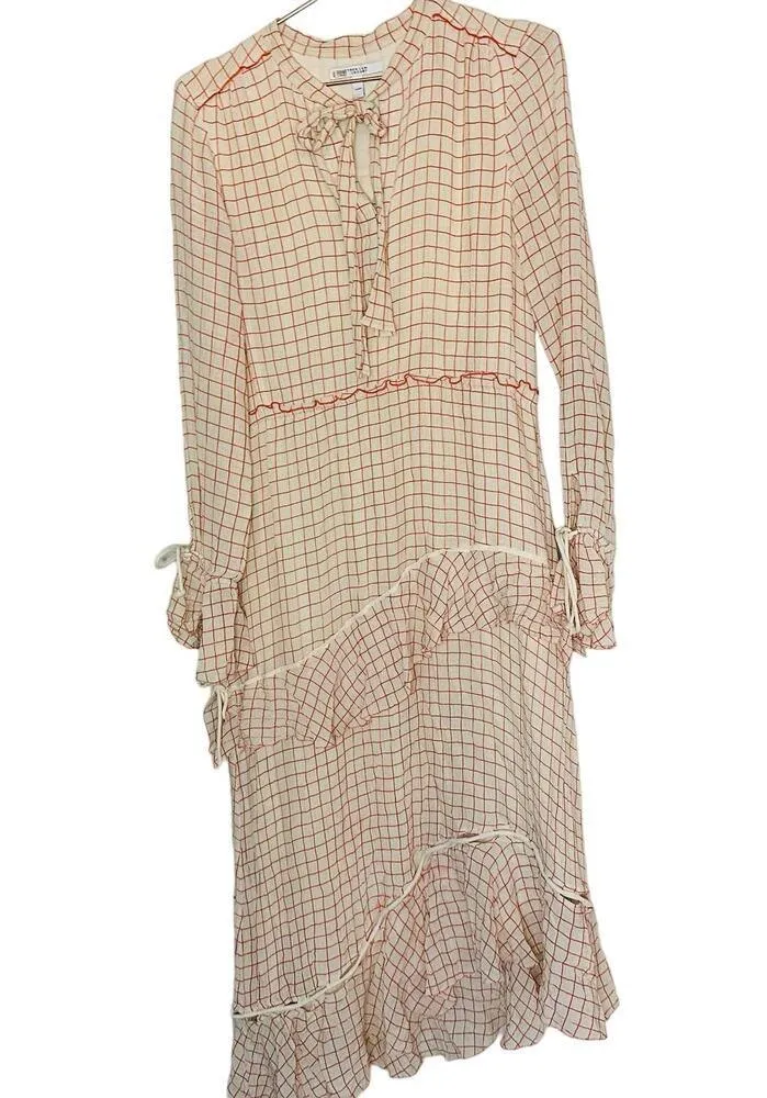 DEREK LAM 10 Crosby Cream Red Tiered Windowpane Asymmetrical Ruffle Dress Size 8 - Image 3