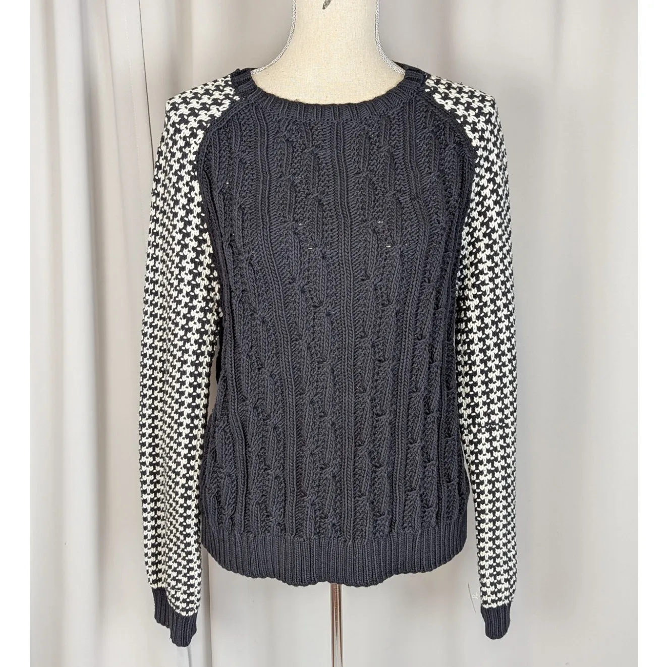 Miss Wu Mixed Knit Sweater Black & Ivory Houndstooth Cable Knit Size XL - Image 12