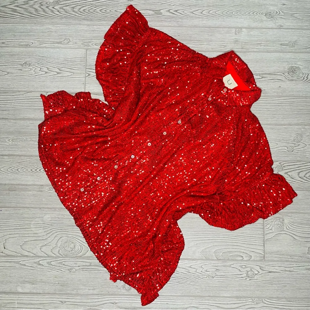 Fantastic fawn oversized red sequin ruffle detail shirt / blouse boho glam med - Image 4