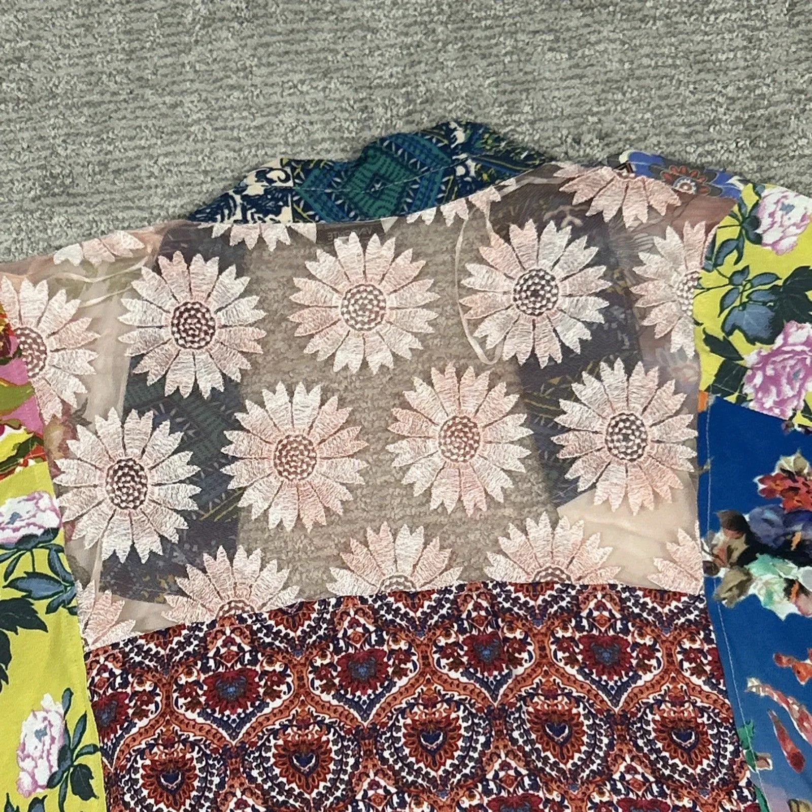 Vincente Cardigan Womens Medium Patchwork Kimono Bohemian Floral Embroidered Blue - Image 7