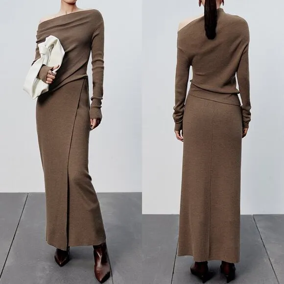Commense NEW Caramel Slit Maxi Knit Set Skirt and Top Size M Ribbed Asymmetrical Brown Size M - Image 2