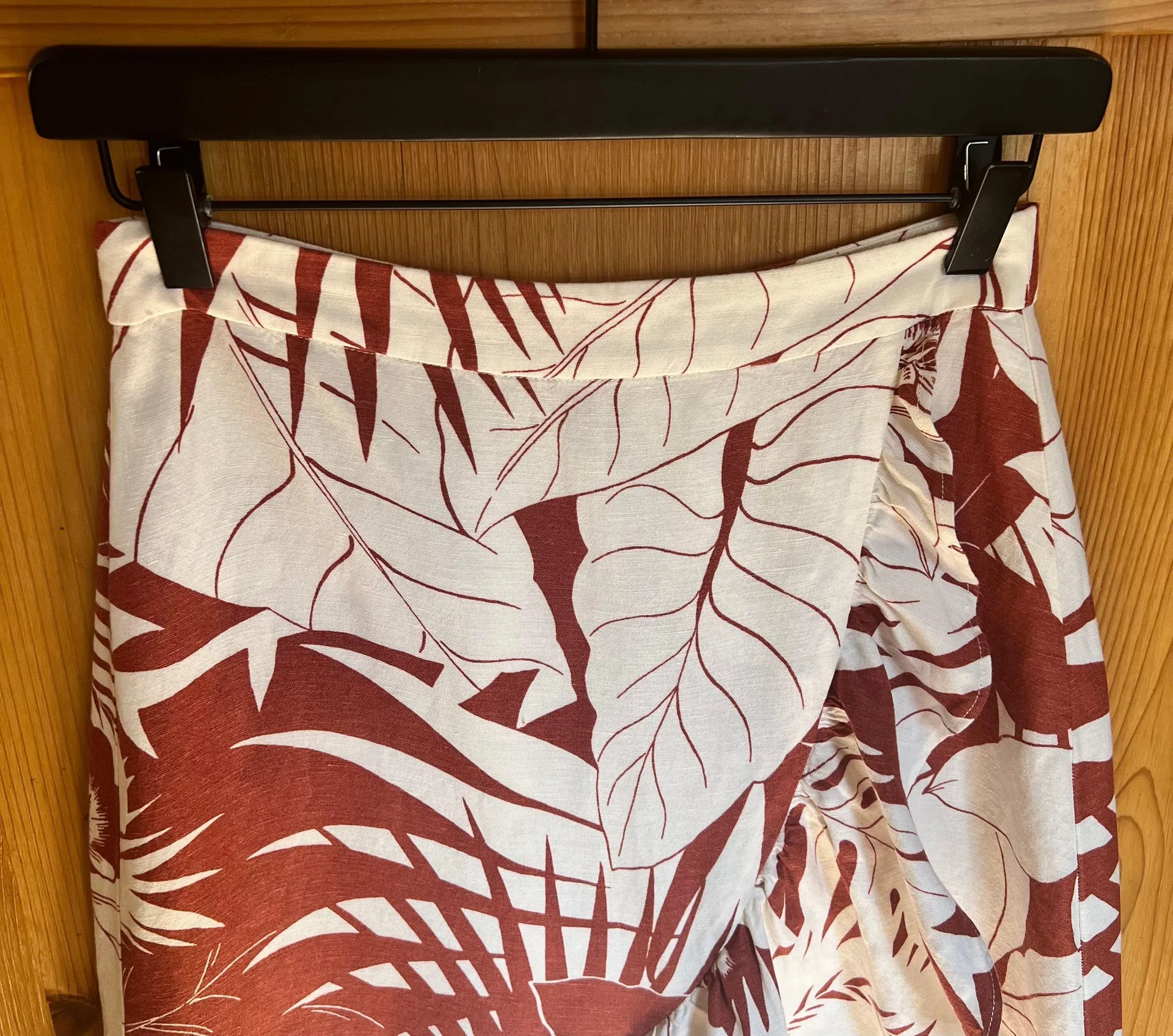 Rust & White Tropical Print Ruffle Linen Blend Midi Skirt - Image 5