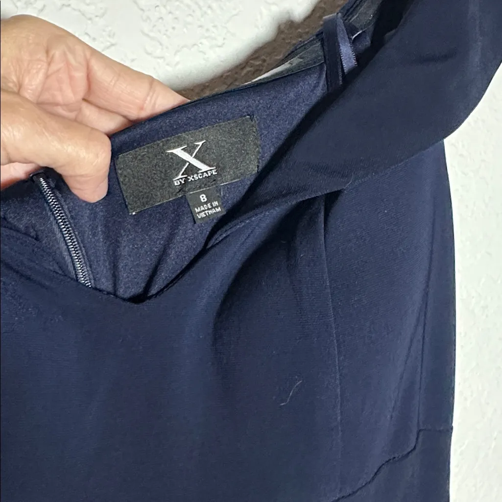 Xscape Navy Blue Lavender Off Shoulder Floral Ball Gown Maxi Dress Formal Size 8 - Image 8