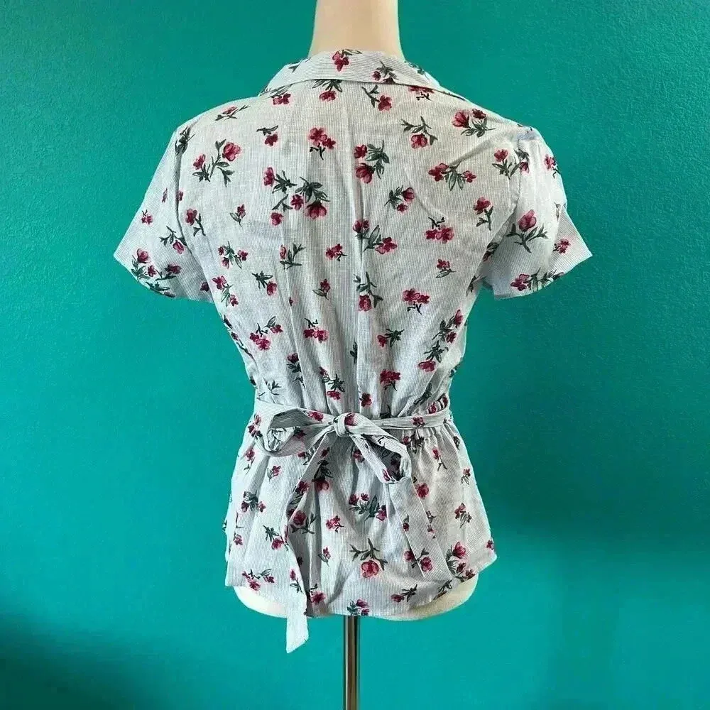 NWT Zara Blue & Red Floral Linen & Cotton Blend Wrap Blouse Top Size XS - Image 4