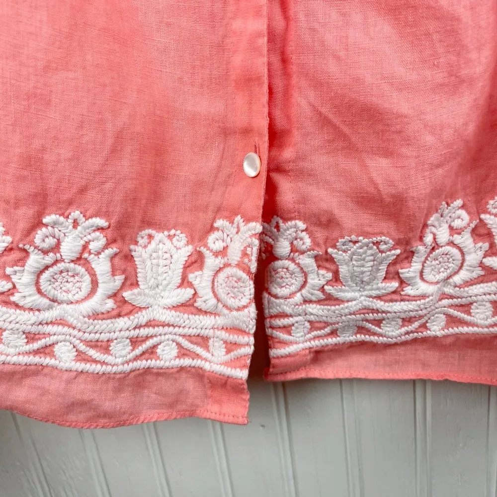 Talbots Petites Coral Linen Embroidered Peasant Top Size Large Button Front Boho - Image 6