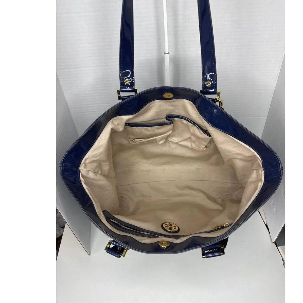 Tory Burch Canvas Jane Tote navy patient leather Shoulder Bag - Image 11