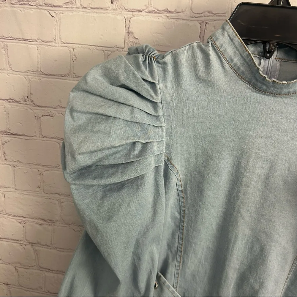 Boutique denim retro belted dress light wash puffy sleeve funky y2k vibes Small Blue - Image 4