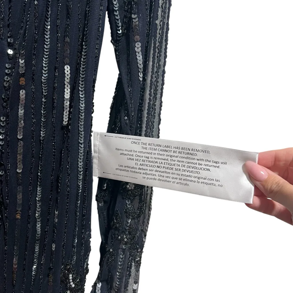 NEW NWT Mac Duggal Embellished High Neck Illusion Long Sleeve Gown Navy Blue - Image 9