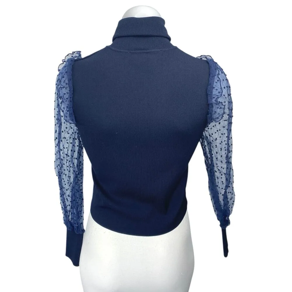 Zara Women's Blue Knit Organza Turtleneck Long Sleeves Crop Sweater Top Size M - Image 2