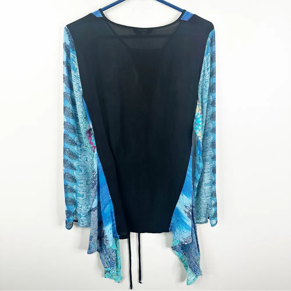 CITRON Silk Blouse Womens Large Handkerchief Hem Blue Flowy Long Sleeves - Image 2