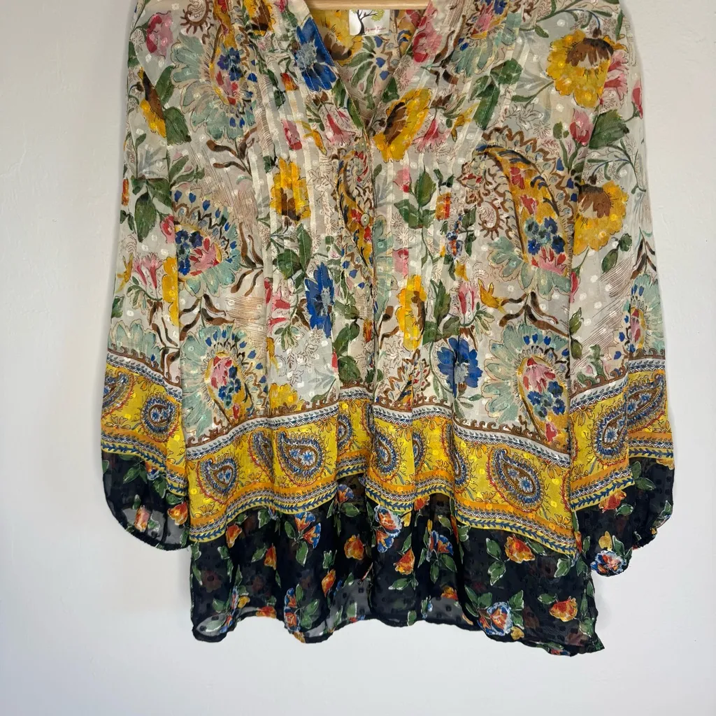 Figueroa & Flower Border Print Boho 3/4 Sleeve Blouse Womens boho floral size L - Image 5