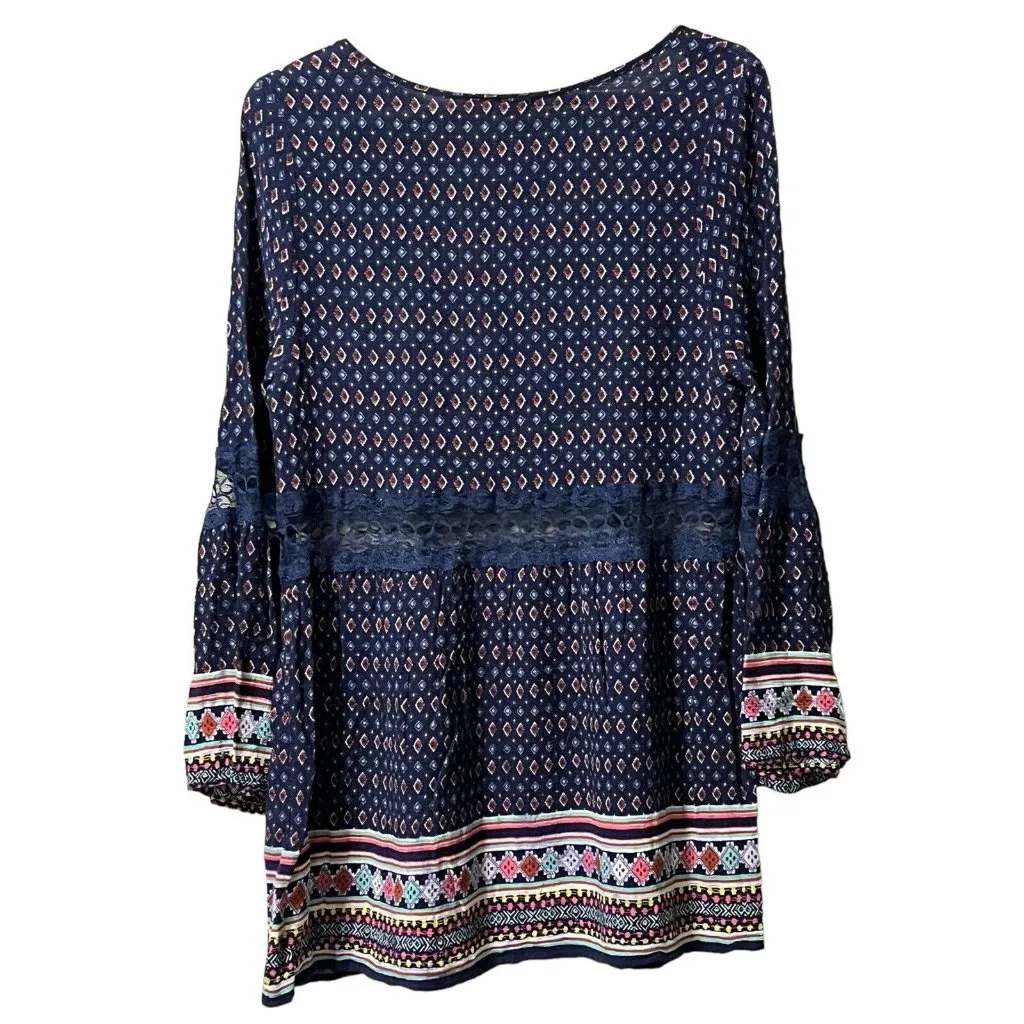 Entro Babydoll Mini Dress Size Medium Bell Sleeves Lace‎ Colorful Preppy Boho - Image 2