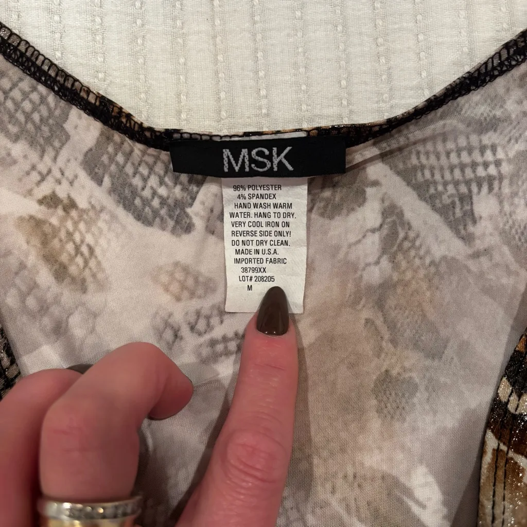 MSK Women's Animal Print Snake Skin Top with Beaded Trim Faux Wrap Front Size M Tan Size M - Image 4