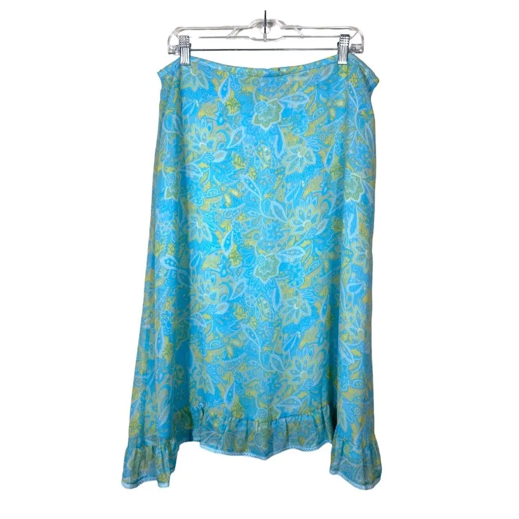 Vtg Oscar De La Renta Skirt 100% Silk Y2K Floral Ruffle Hem Women 16‎ Blue Green - Image 2