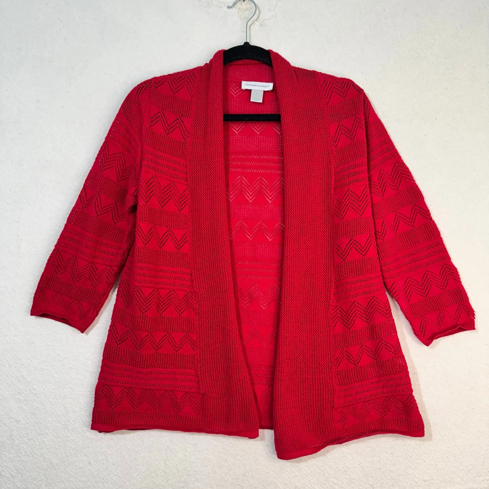 Christopher & Banks Red Pointelle Open-Front Cardigan Sweater Size Small Chevron - Image 1