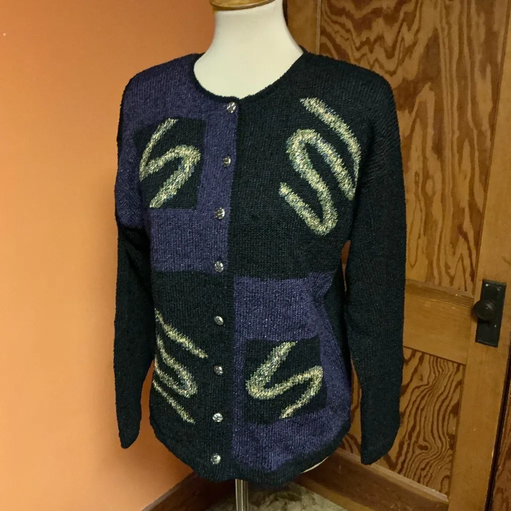 Vtg 90s South Cotton Hand Loomed Op art Cardigan Purple Size M - Image 7