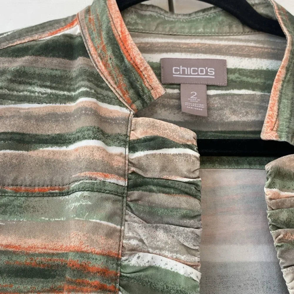 Chico’s Size 2 Abstract Striped‎ Cotton Ruffle Open Front Jacket Chicos Large - Image 5