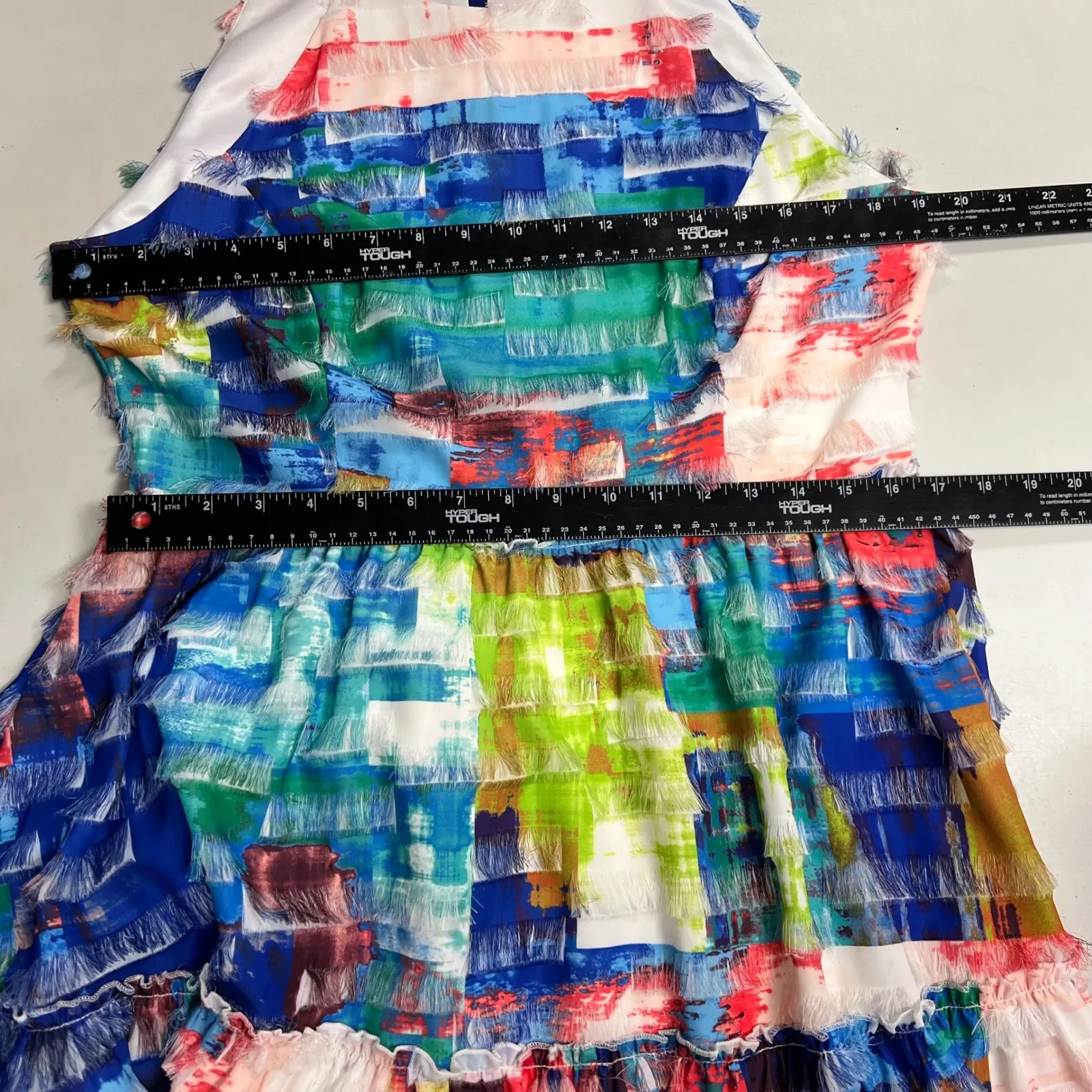 Belle Badgley Mischka Abstract Print Tiered Fringe Halter Dress Size 14 - Image 5