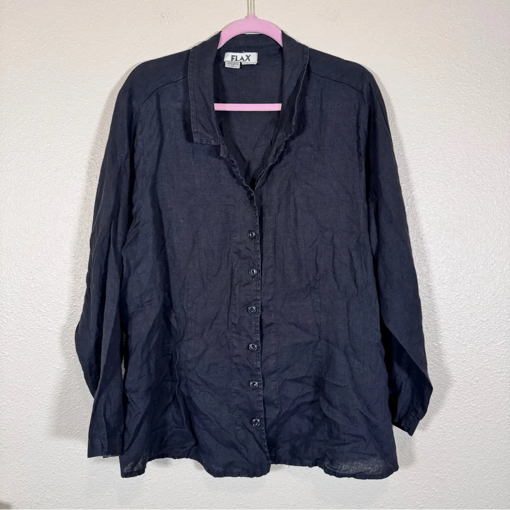 Flax Black Linen Button Down Shirt Womens 1X Lagenlook Natural Fibers Blouse - Image 7