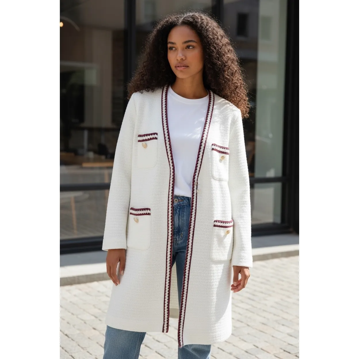 MISOOK White Textured Open Front Cardigan Jacket Womens Size M Red Trim Pockets - Image 2