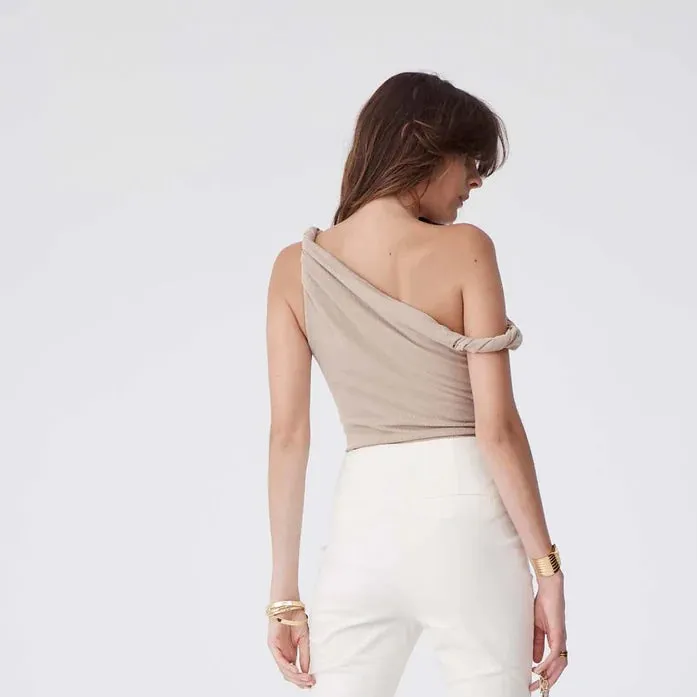 ATOIR tangled bodysuit sand beige ribbed modal off shoulder asymmetrical top Tan Size 4 - Image 6