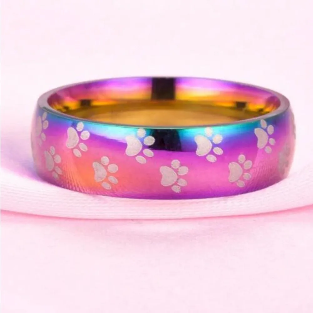 Multicolored Animal Paw print Retro Stainless Steel Metallic Ring Size US 7 NEW Purple - Image 2