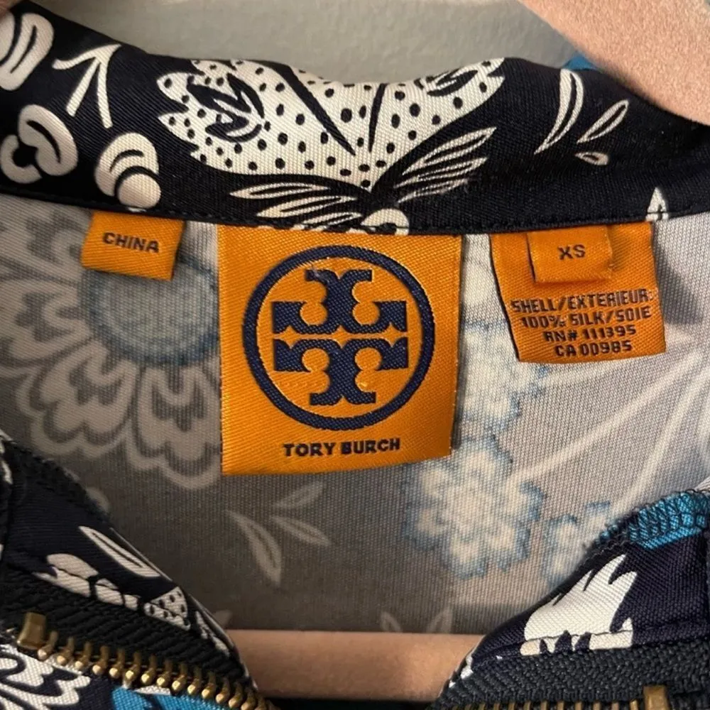 Tory Burch Silk Mini Dress Long Sleeves XS Blue Floral Chic Casual Classic $475 - Image 3