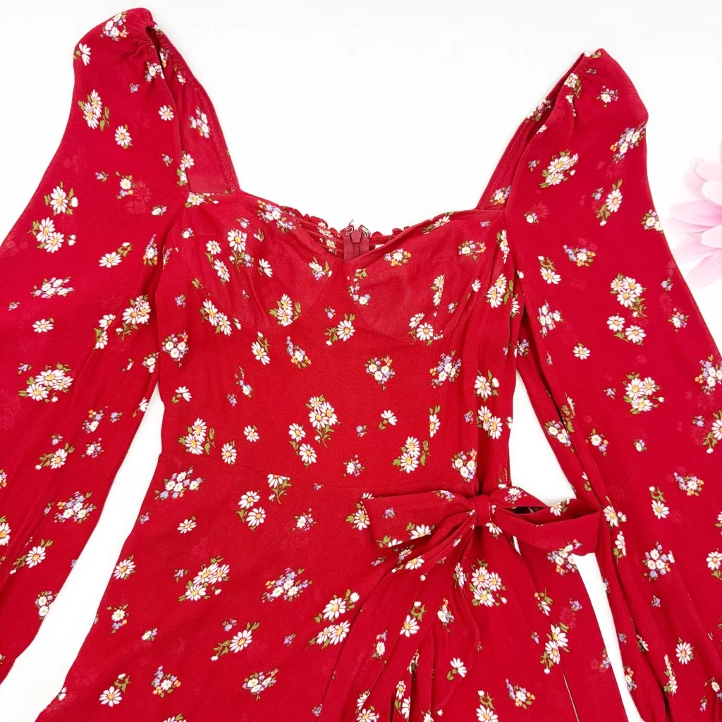Reformation Cammi Floral Ruffle Wrap Mini Dress Cassia Red White - Image 6