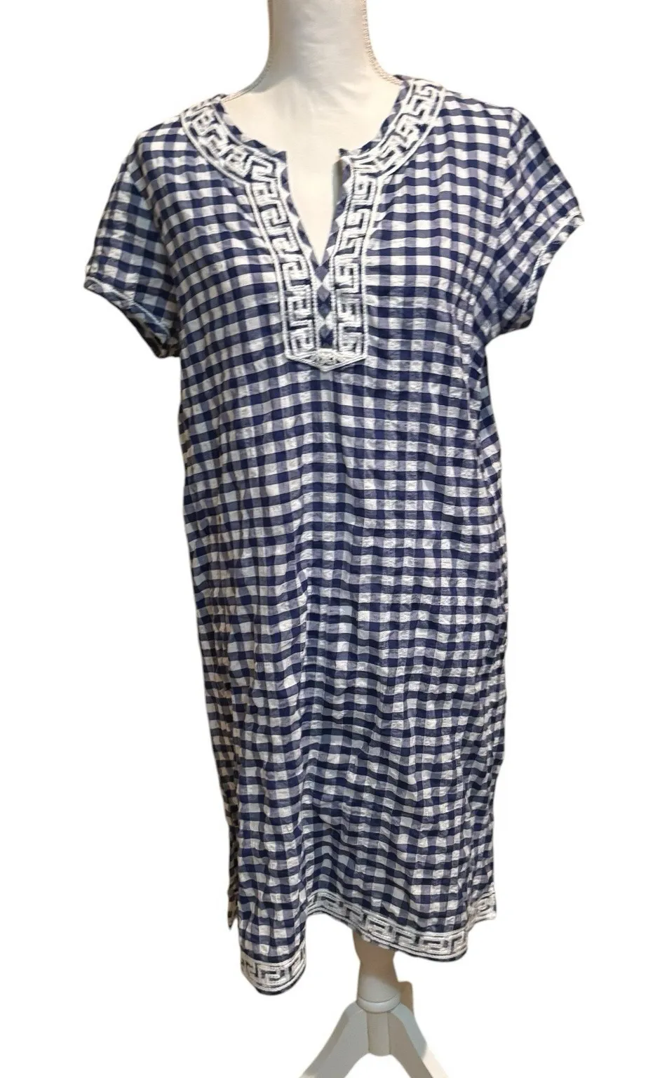J. McLaughlin Women's Large Tunic Dress Blue White Gingham Embroidered Greek Key - Image 1