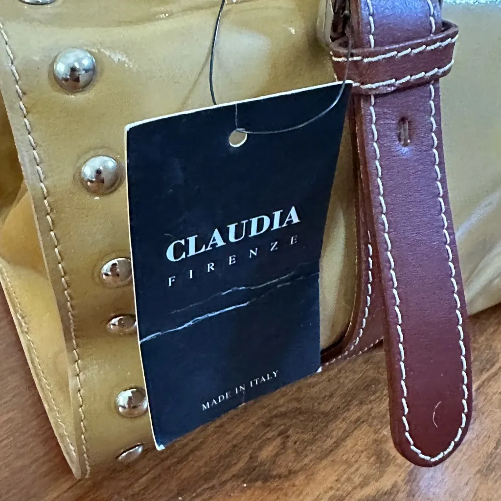 NWT Claudia Firenze Italian Leather Handbag | Yellow Burgundy | Studded Satchel Tan - Image 3