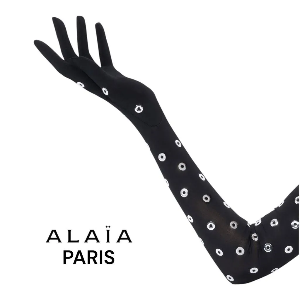 ALAÏA Eyelet Gloves in Noir & Argent‎ Black Size 8 - Image 2