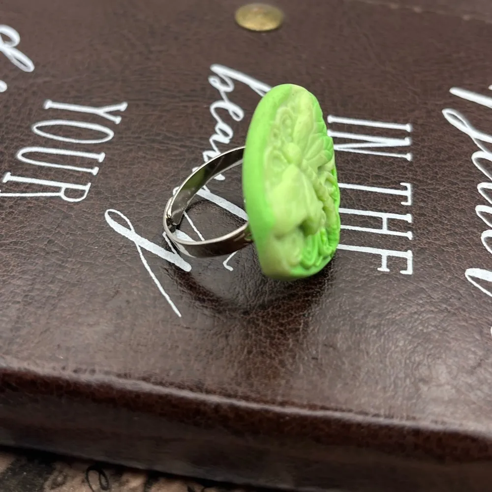 Y2K Lime Green Dragonfly Ring Adjustable Polymer Clay - Image 6