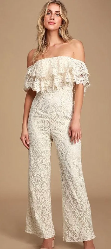 Lulus NWT  Cream Off The Shoulder Lace Jumpsuit - Image 2