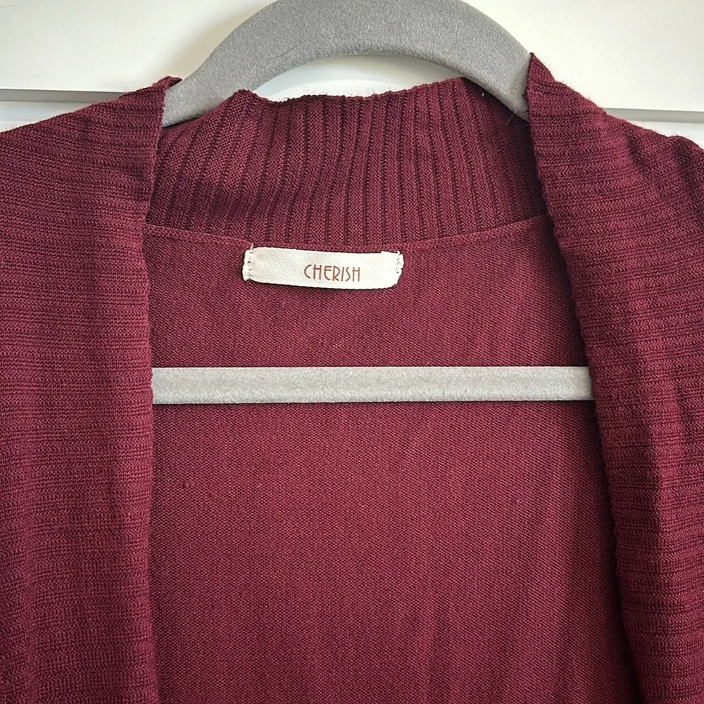Cherish  Women's M Open Front Long Duster Cardigan Burgundy Red Fall Layering - Image 2