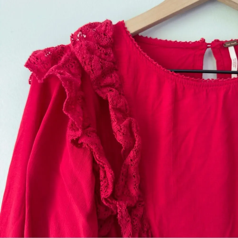 Free People Take it Easy Top Red Ruffle Button Keyhole Lace Peplum Long Sleeve - Image 7