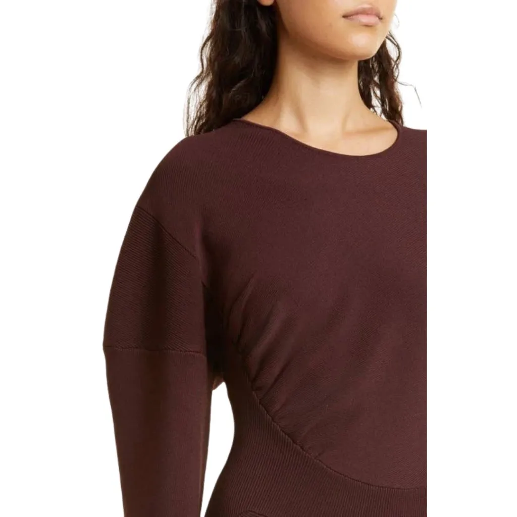 GANNI Rib Knit Asymmetrical Mini Dress Women's XL Burgundy Ruched Designer NWOT - Image 4