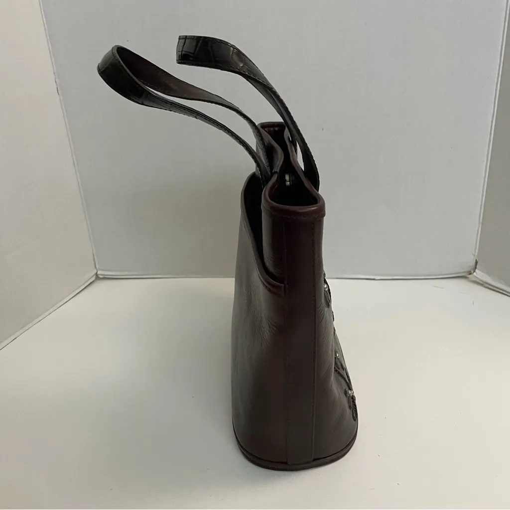 Vintage Brighton Purse Bucket Bag Leather Embroidered Flower Beaded Brown Silver - Image 12