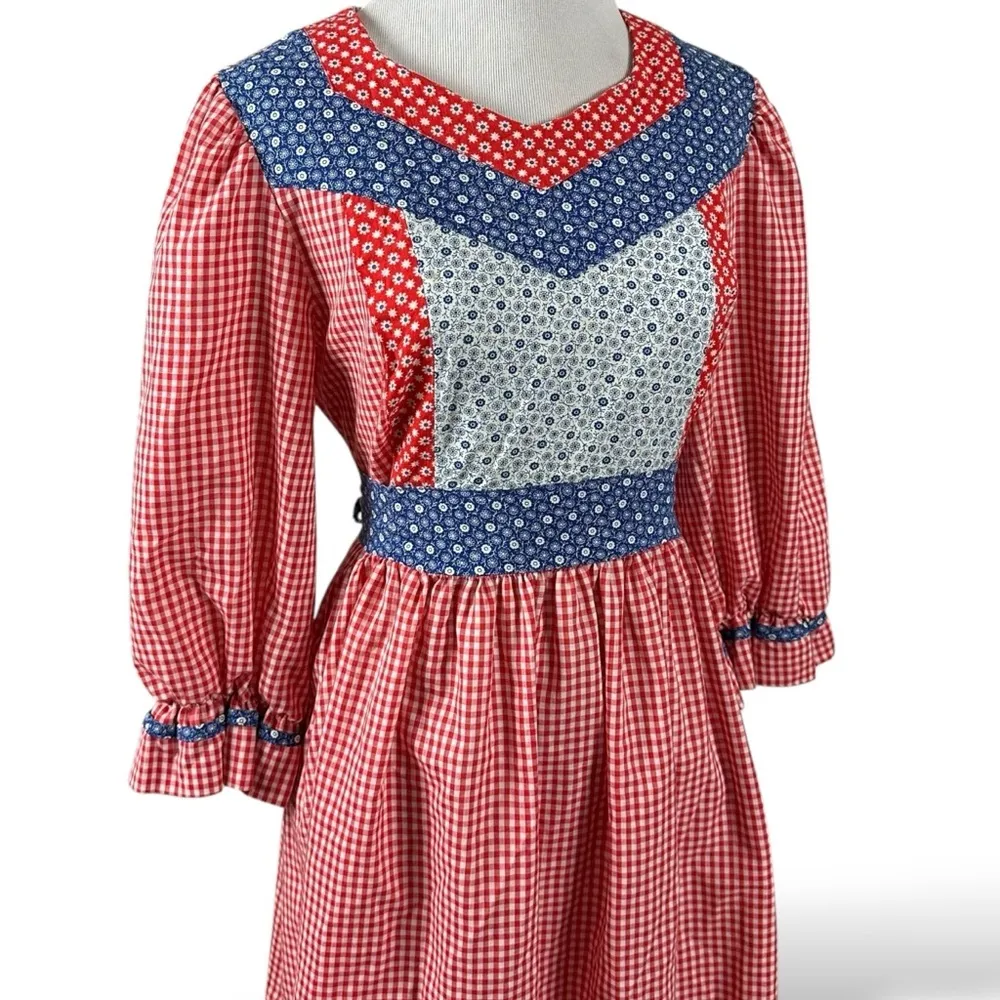 Vintage 70s Handmade Patchwork Picnic Prairie Dress Red Blue Gingham Medium - Image 2
